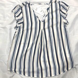NWT DR2 Navy Stripe Cap Sleeve V Neck Blouse Medium